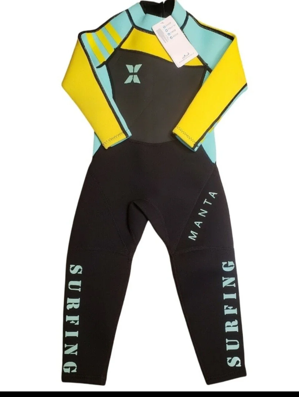 Kids Long Sleeve Full Wetsuit - Yellow & Aqua - Picture 3 of 4